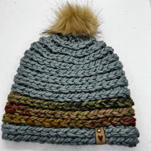 Handmade Blue and Green Beanie with brown pom‎ pom. New
